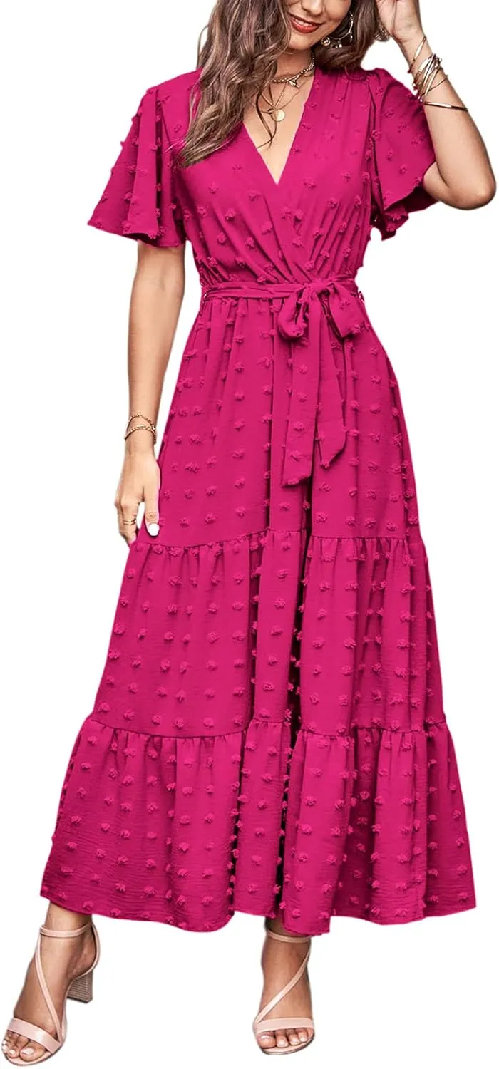 MASCOMODA Boho Floral Swiss Dot Summer Maxi Dresses for Women Wrap V Neck Short Sleeve Long Flowy Church Wedding Guest Dress
