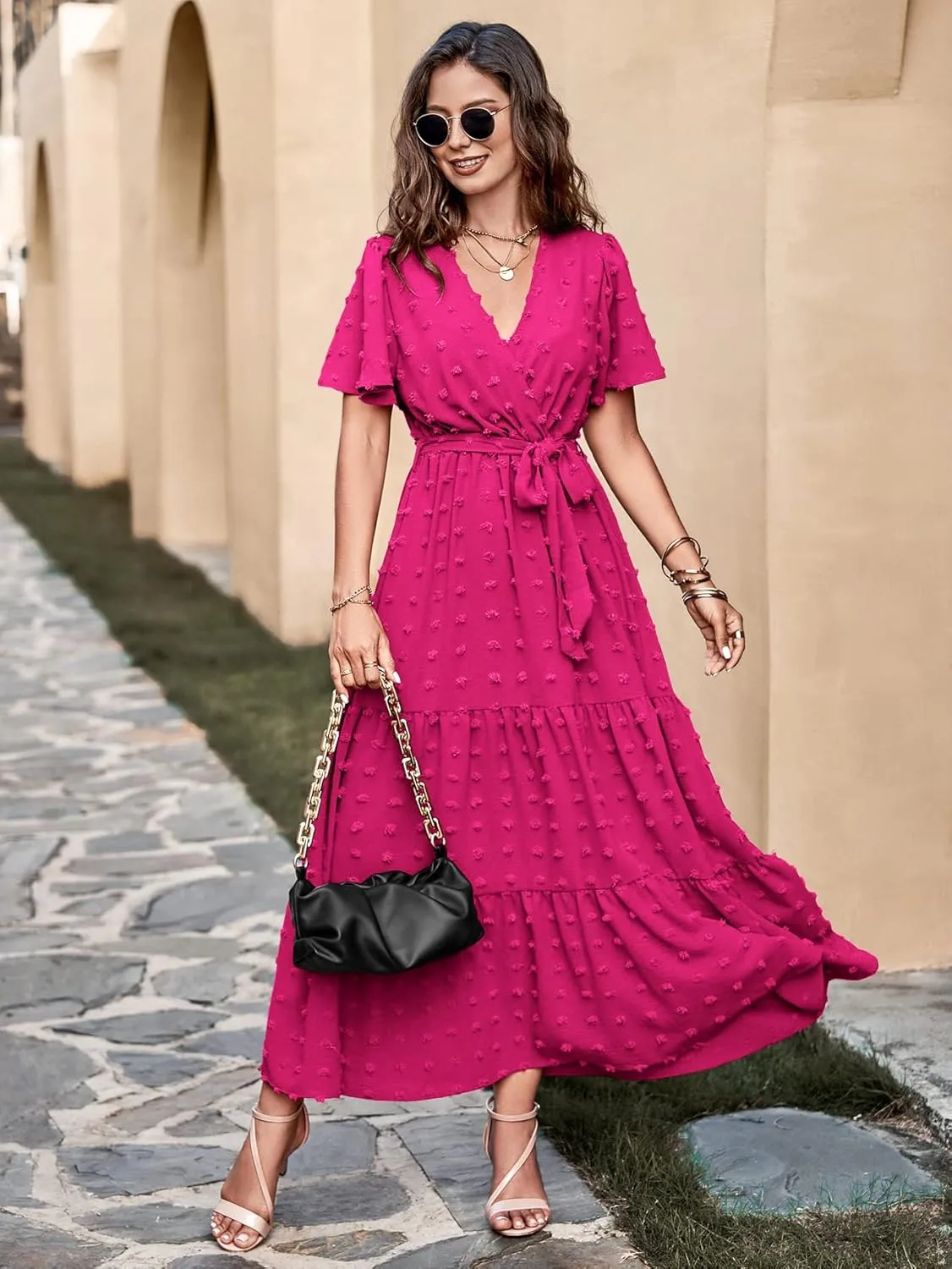 MASCOMODA Boho Floral Swiss Dot Summer Maxi Dresses for Women Wrap V Neck Short Sleeve Long Flowy Church Wedding Guest Dress
