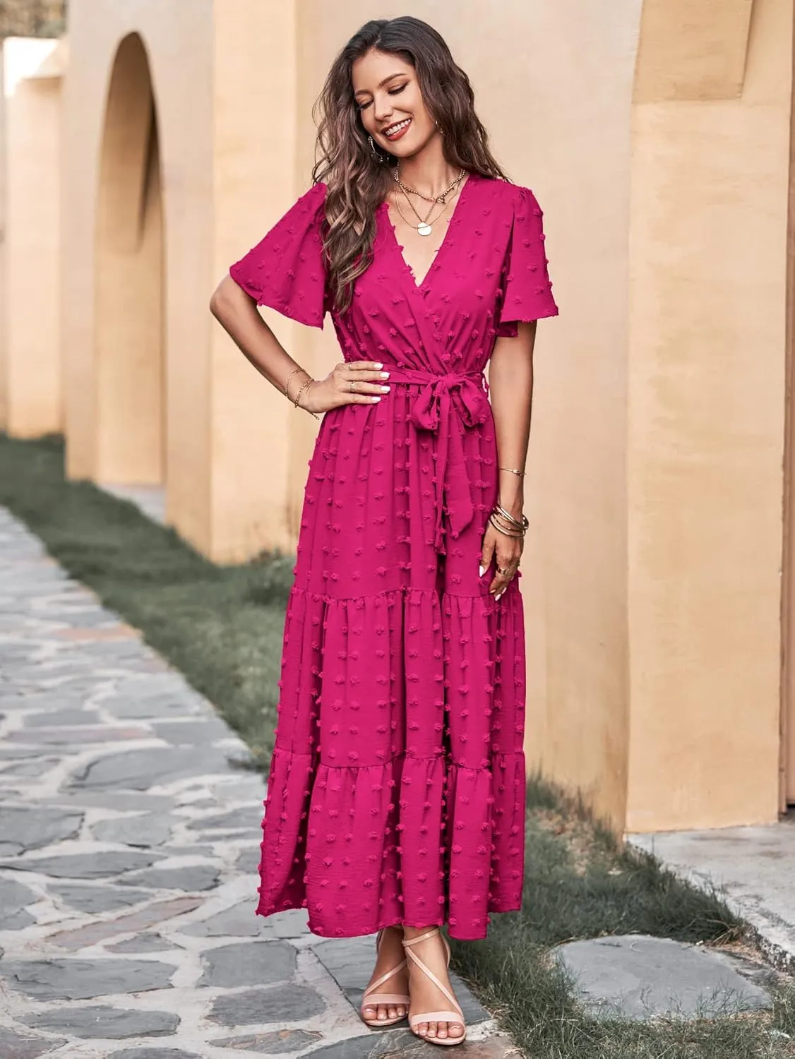 MASCOMODA Boho Floral Swiss Dot Summer Maxi Dresses for Women Wrap V Neck Short Sleeve Long Flowy Church Wedding Guest Dress