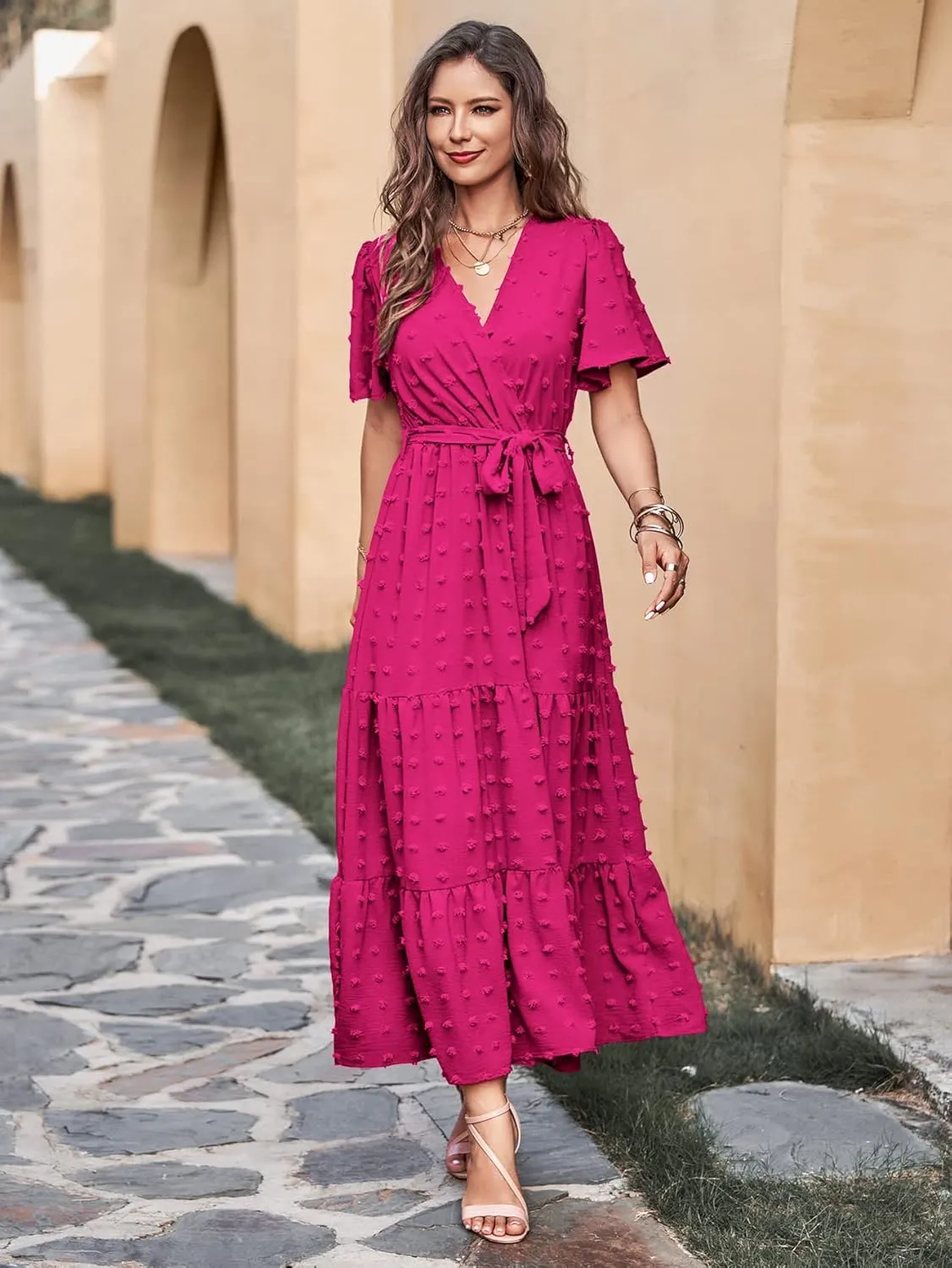 MASCOMODA Boho Floral Swiss Dot Summer Maxi Dresses for Women Wrap V Neck Short Sleeve Long Flowy Church Wedding Guest Dress