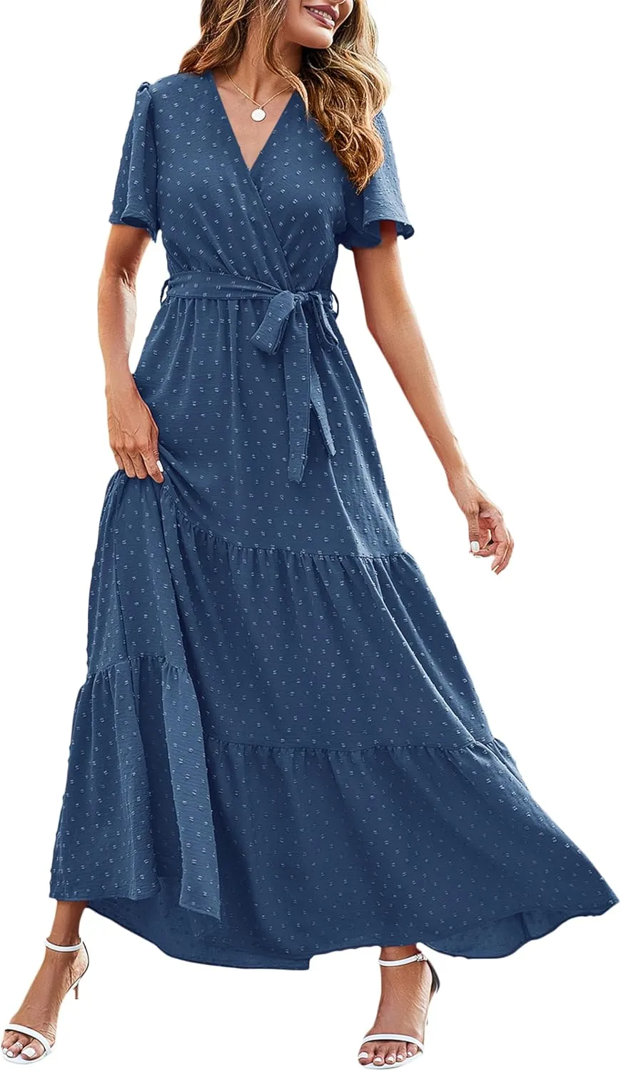 MASCOMODA Womens Summer Swiss Dot Maxi Dressses Wrap V Neck Flutter Short Sleeve Boho Casual Flowy Long Wedding Guest Dress