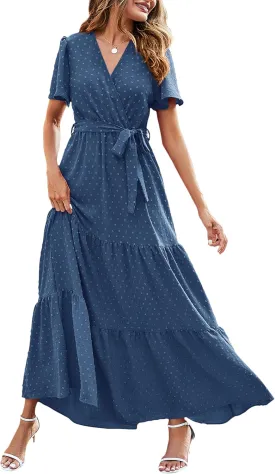 MASCOMODA Womens Summer Swiss Dot Maxi Dressses Wrap V Neck Flutter Short Sleeve Boho Casual Flowy Long Wedding Guest Dress