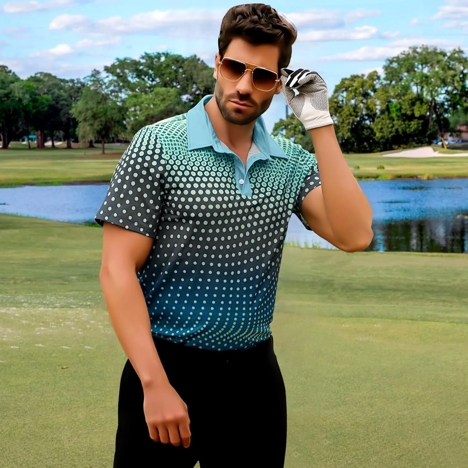 Men's Golf Shirts Polo Short Sleeve Gradient Quick Dry Fit Moisture Wicking Athletic Printed Shirts Mens Polo Shirt