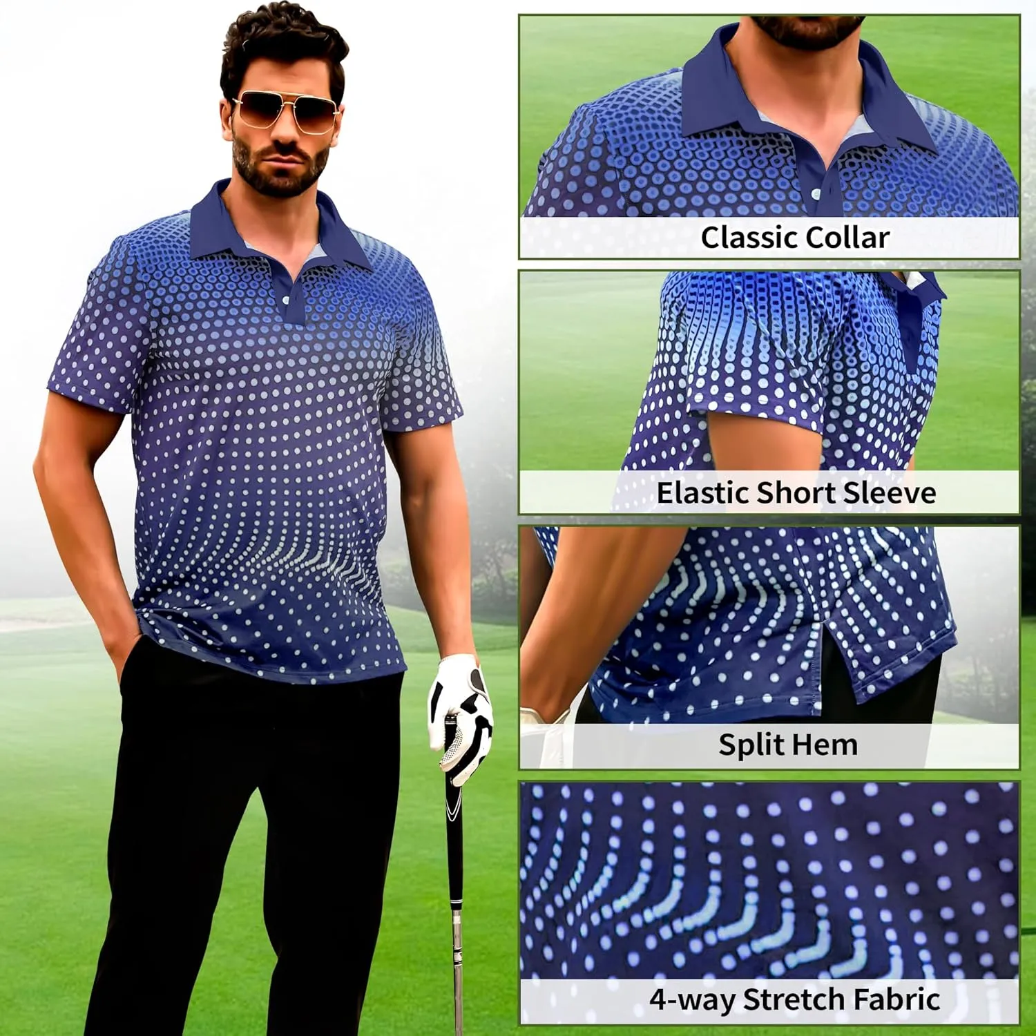 Men's Golf Shirts Polo Short Sleeve Gradient Quick Dry Fit Moisture Wicking Athletic Printed Shirts Mens Polo Shirt