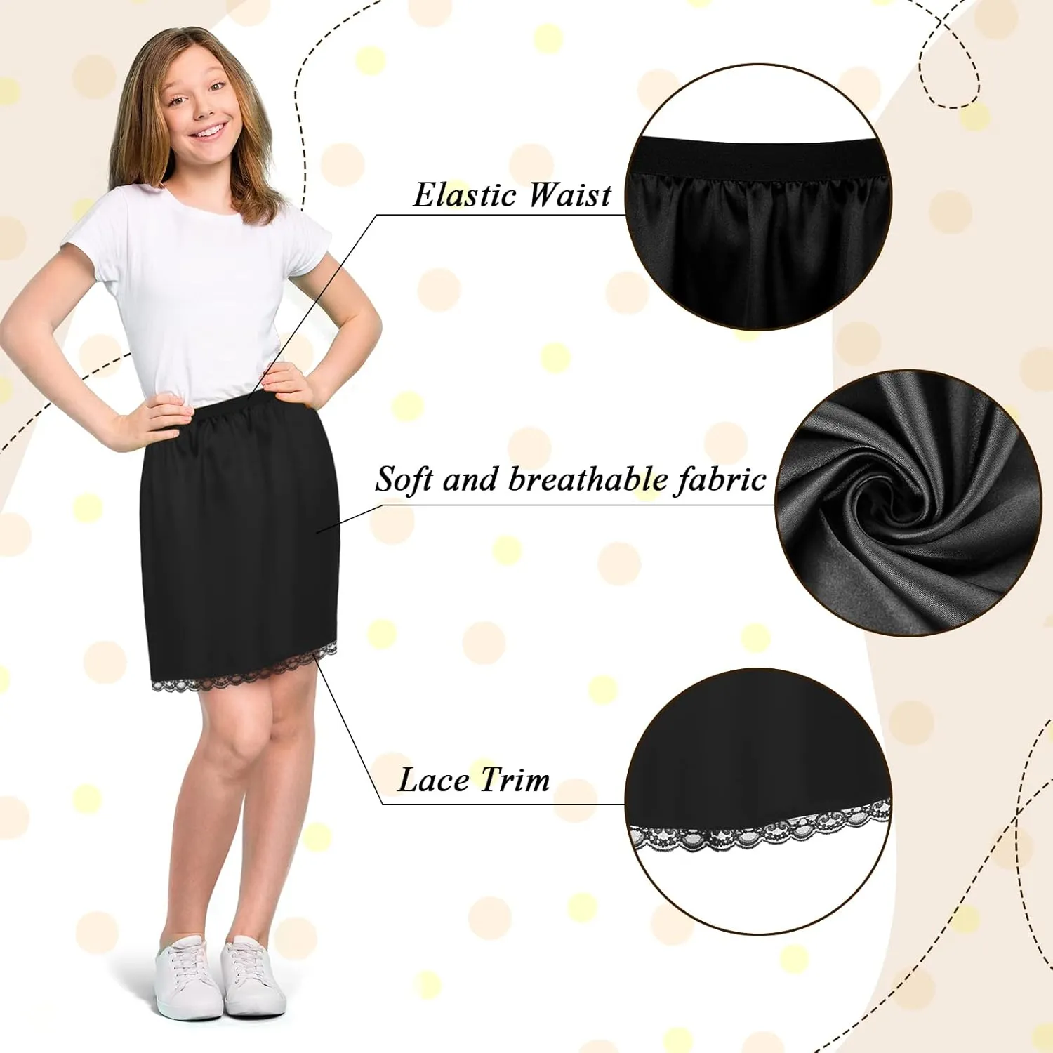 Mepase 3 Pcs Half Slip for Girl Satin Half Slip for Under Dresses Anti Static Extender Lace Long Knee Petticoat Skirt