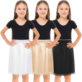 Mepase 3 Pcs Half Slip for Girl Satin Half Slip for Under Dresses Anti Static Extender Lace Long Knee Petticoat Skirt