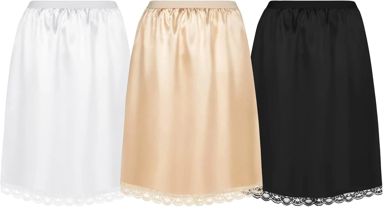 Mepase 3 Pcs Half Slip for Girl Satin Half Slip for Under Dresses Anti Static Extender Lace Long Knee Petticoat Skirt