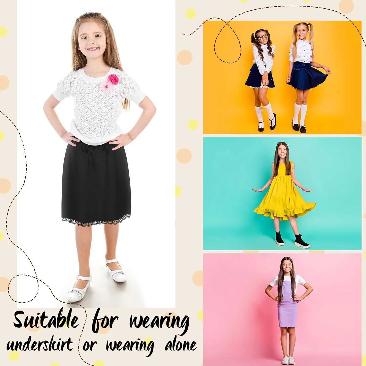 Mepase 3 Pcs Half Slip for Girl Satin Half Slip for Under Dresses Anti Static Extender Lace Long Knee Petticoat Skirt