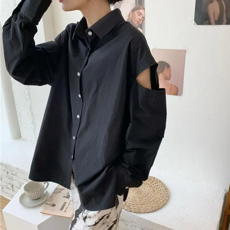 Minimalistic Aesthetic Cutouts Shoulder Loose Shirt