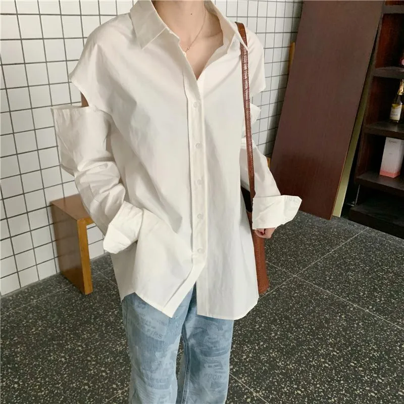 Minimalistic Aesthetic Cutouts Shoulder Loose Shirt