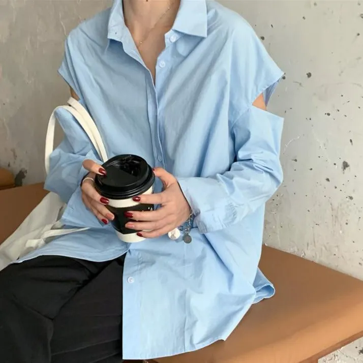 Minimalistic Aesthetic Cutouts Shoulder Loose Shirt