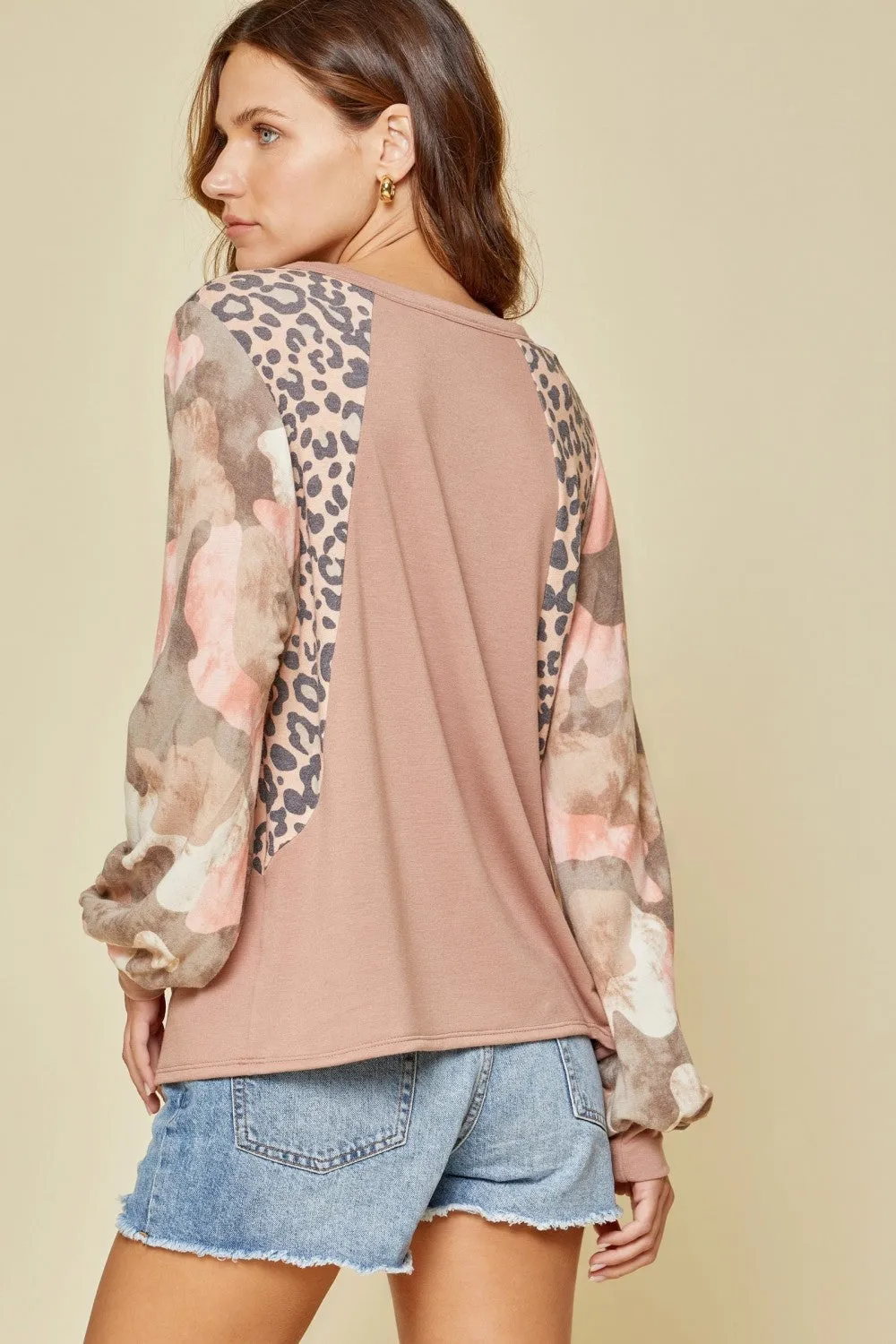 Mixed Print Balloon Sleeve Top, Mauve