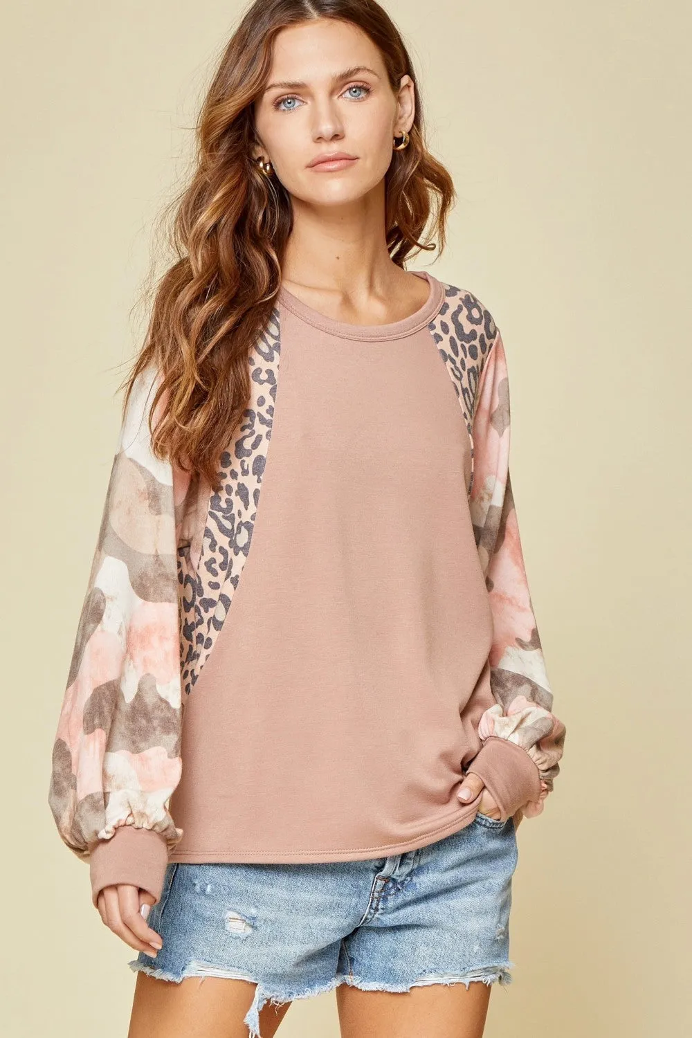 Mixed Print Balloon Sleeve Top, Mauve