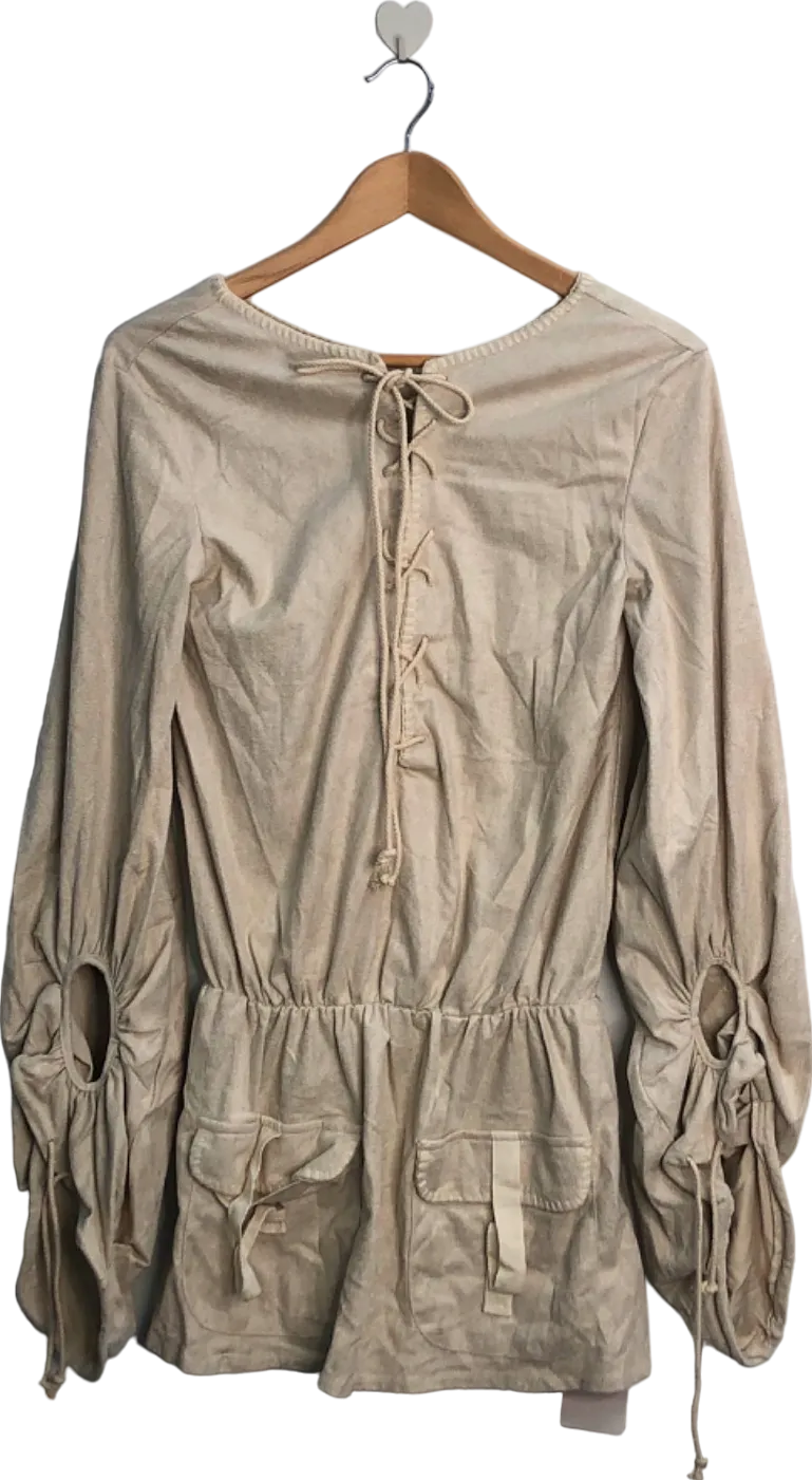 MusEra Beige Long Sleeve Lace-Up Blouse UK 12