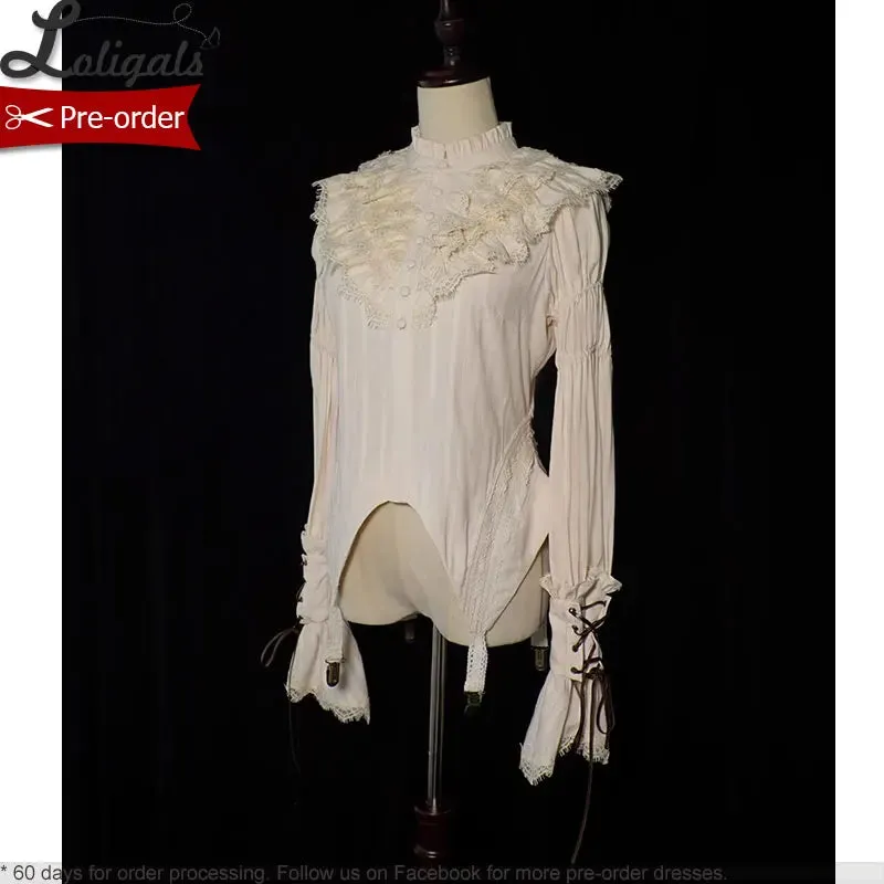 Pre-order Ruffled High Collar Lolita Shirt Long Bioshop Sleeve Top by Alice Girl ~ Treasure Hunt