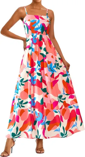 PRETTYGARDEN Summer Dresses for Women 2025 Beach Maxi Dress Spaghetti Strap Floral Boho A Line Wedding Guest Flowy Long Dress