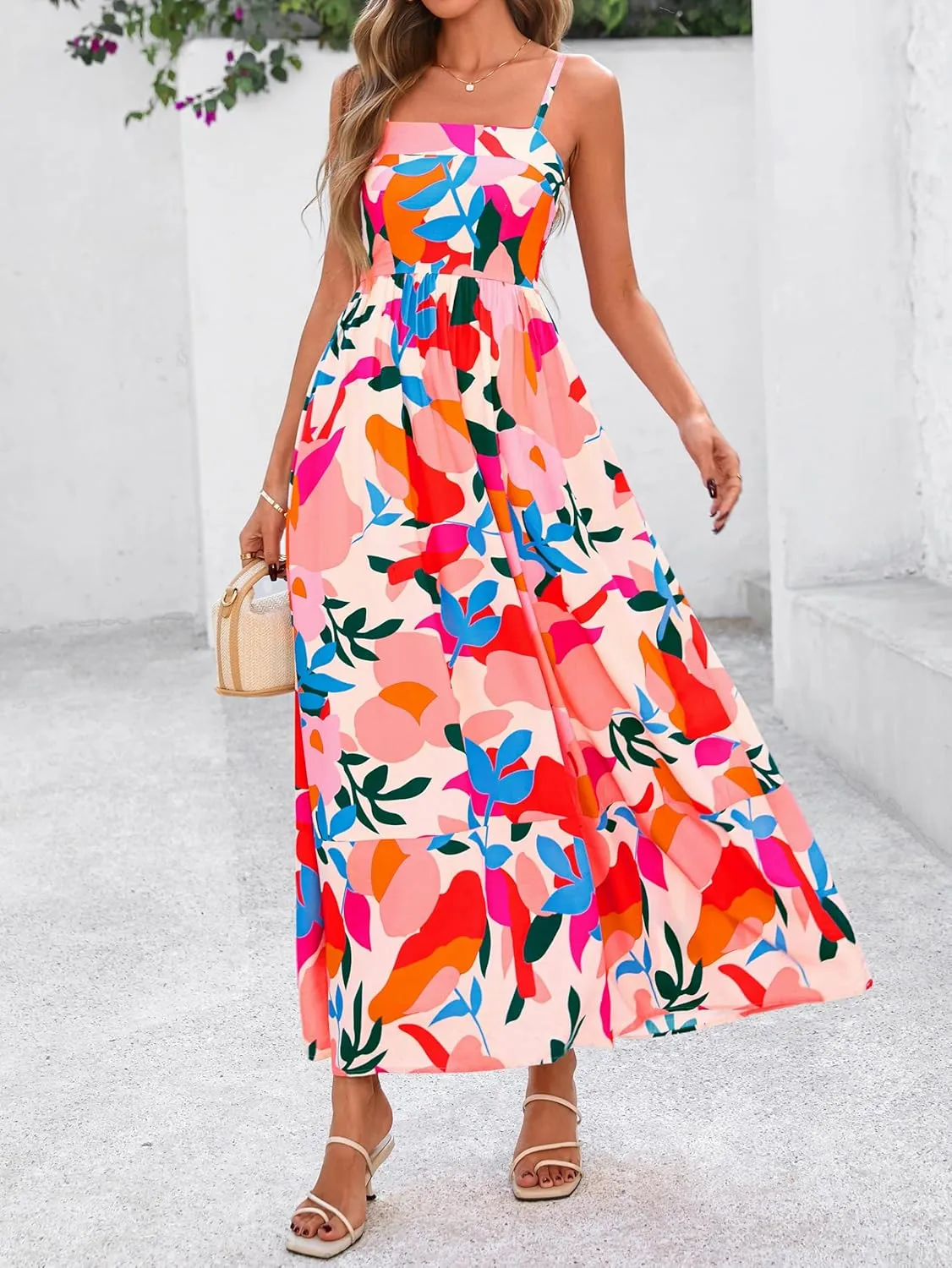 PRETTYGARDEN Summer Dresses for Women 2025 Beach Maxi Dress Spaghetti Strap Floral Boho A Line Wedding Guest Flowy Long Dress