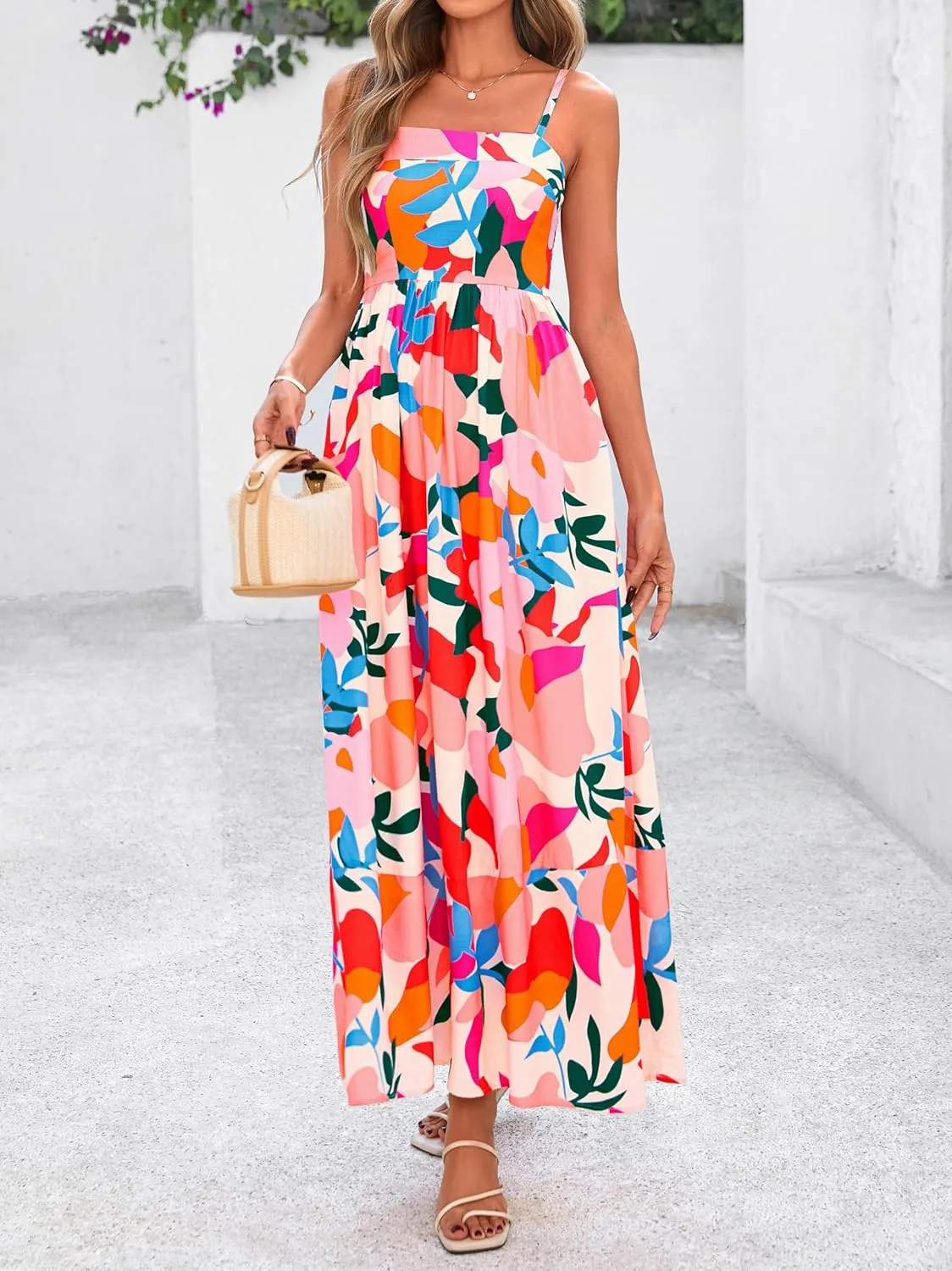 PRETTYGARDEN Summer Dresses for Women 2025 Beach Maxi Dress Spaghetti Strap Floral Boho A Line Wedding Guest Flowy Long Dress