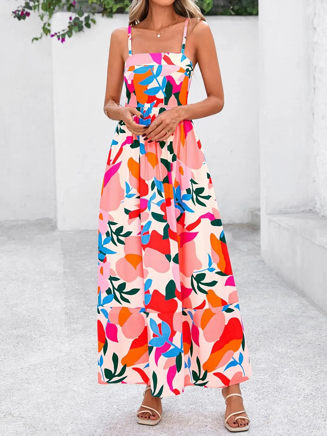 PRETTYGARDEN Summer Dresses for Women 2025 Beach Maxi Dress Spaghetti Strap Floral Boho A Line Wedding Guest Flowy Long Dress