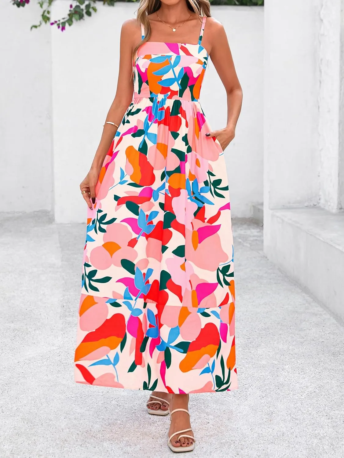 PRETTYGARDEN Summer Dresses for Women 2025 Beach Maxi Dress Spaghetti Strap Floral Boho A Line Wedding Guest Flowy Long Dress