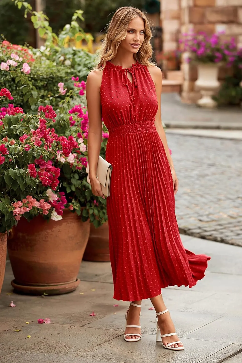PRETTYGARDEN Women's Midi Summer Dresses Casual V Neck Swiss Dot Ruffle Sleeveless A Line Beach Sun Dress