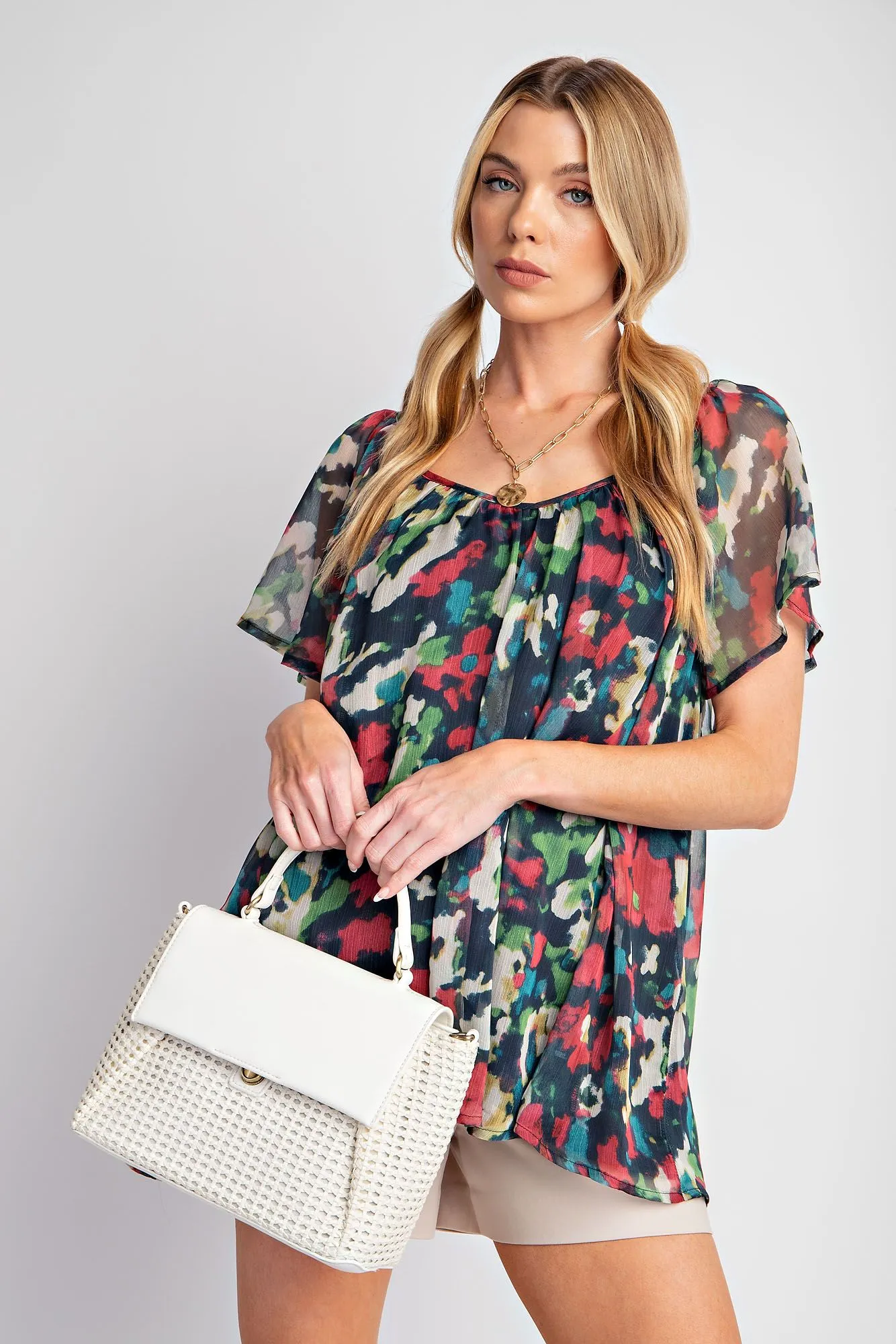Printed Chiffon Ruffle Blouse