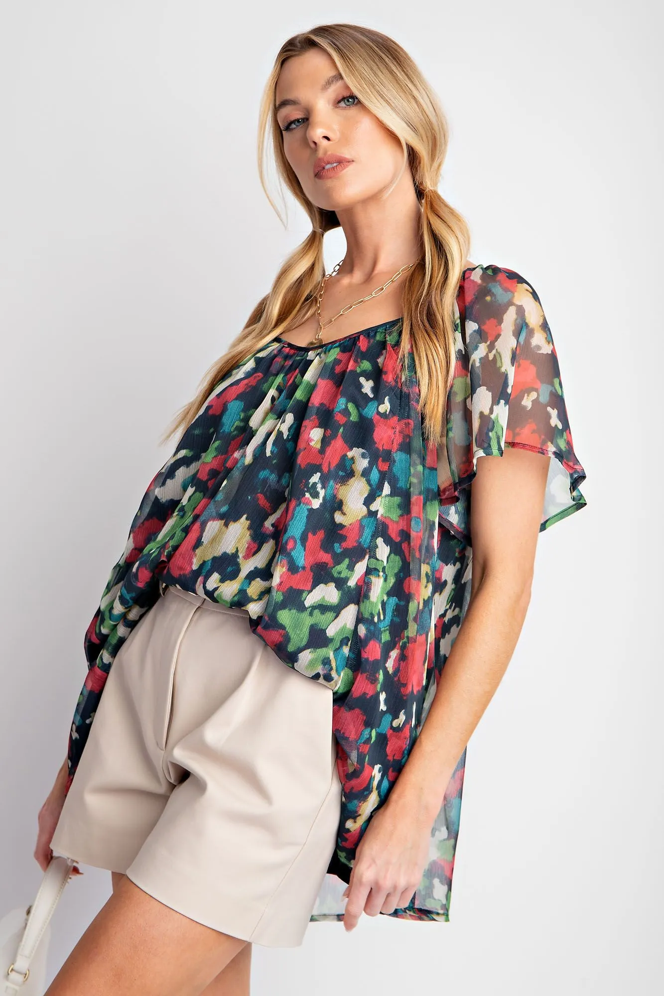 Printed Chiffon Ruffle Blouse