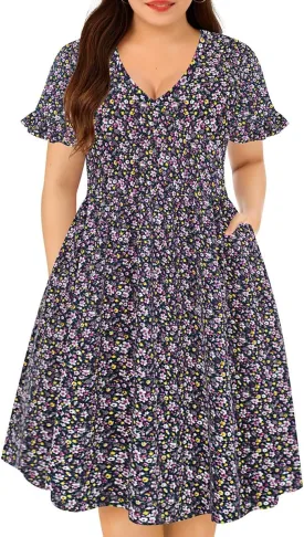 RITERA Plus Size Dresses for Curvy Women Summer Spring Womens Dress V Neck Short Sleeve Casual Dress with Pockets XL-5XL