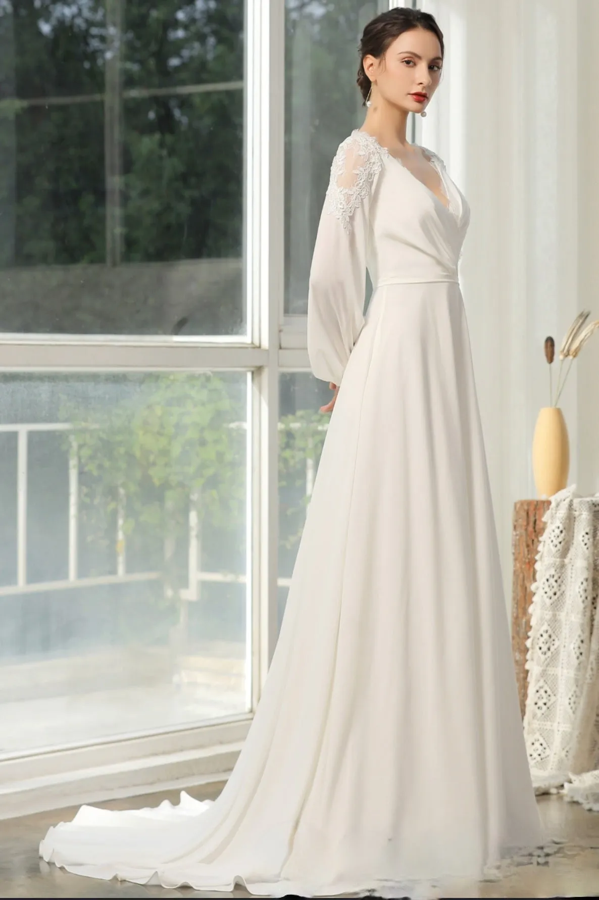 Simple Wedding Dress With Crossed Neckline And Lace Back