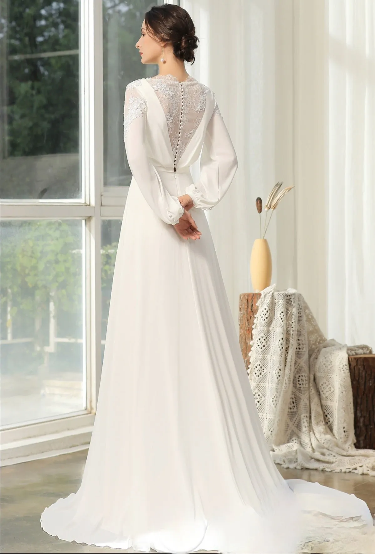 Simple Wedding Dress With Crossed Neckline And Lace Back