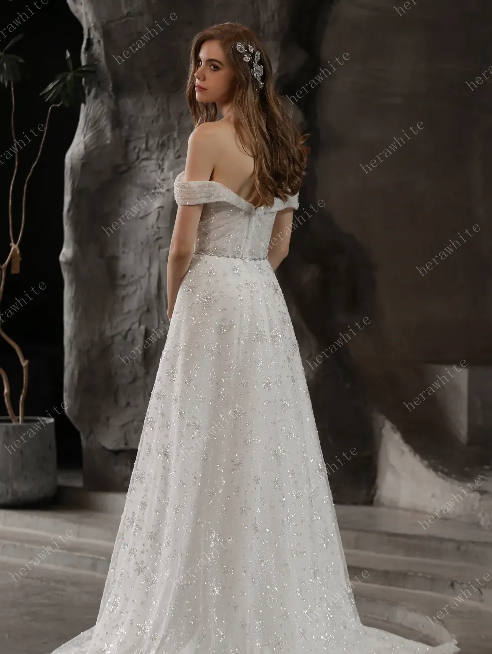 Sparkly Beaded Lace A-Line Bridal Gown With Off the Shoulder Neckline