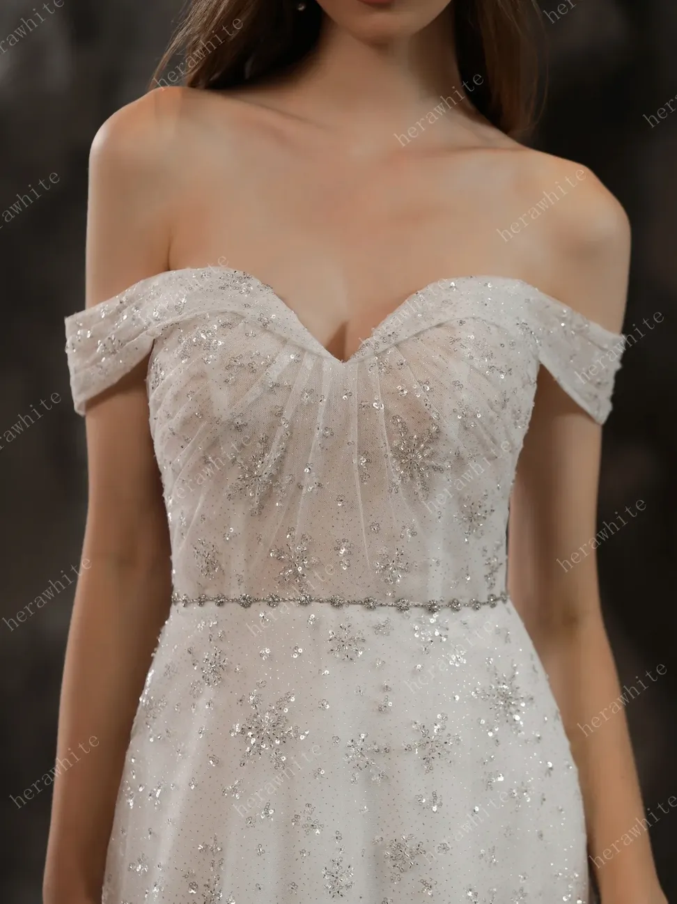 Sparkly Beaded Lace A-Line Bridal Gown With Off the Shoulder Neckline