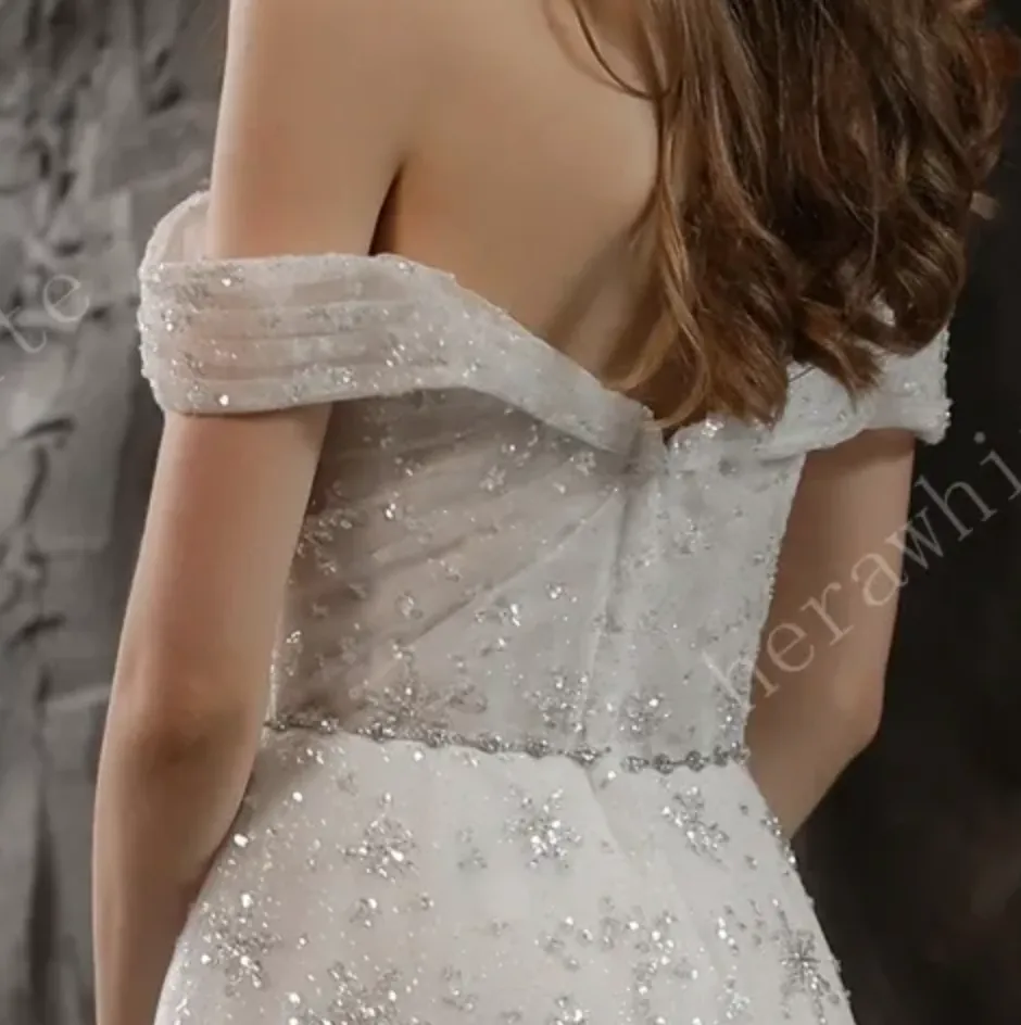 Sparkly Beaded Lace A-Line Bridal Gown With Off the Shoulder Neckline