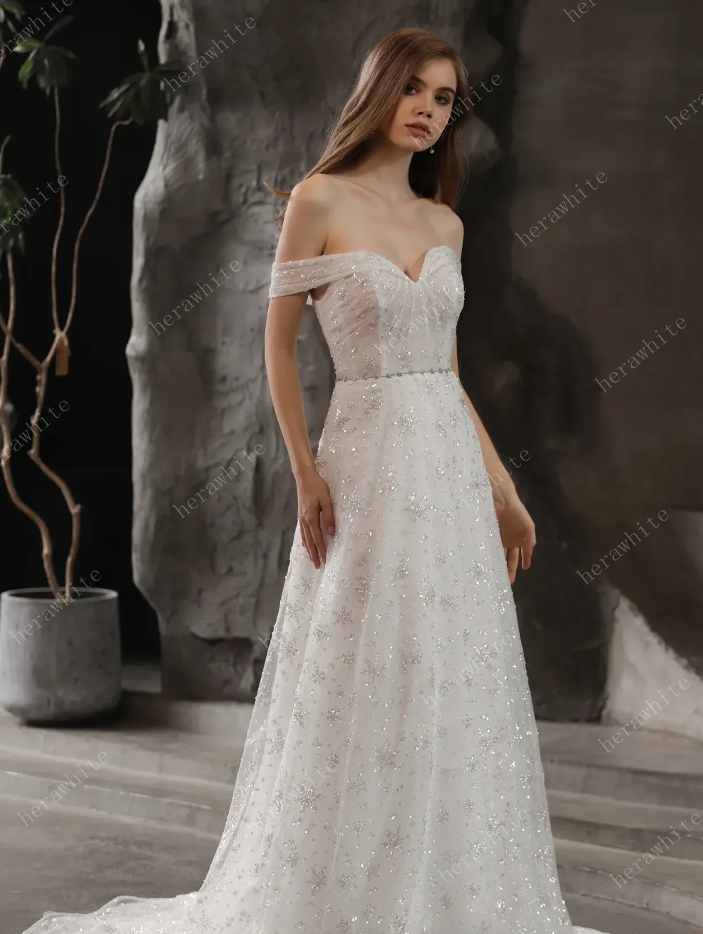 Sparkly Beaded Lace A-Line Bridal Gown With Off the Shoulder Neckline