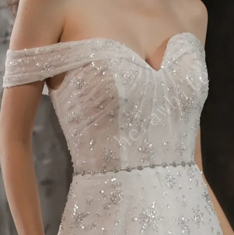 Sparkly Beaded Lace A-Line Bridal Gown With Off the Shoulder Neckline