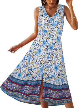 TEMOFON Women Dress Summer Sleeveless Bohemian: Floral V Neck Button Down Flowy Boho Dresses S-XL