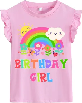 Toddler Girl Rainbow Flower Birthday Colorful Shirts Baby Girls Birthday Outfits T-Shirt 1-7 Years
