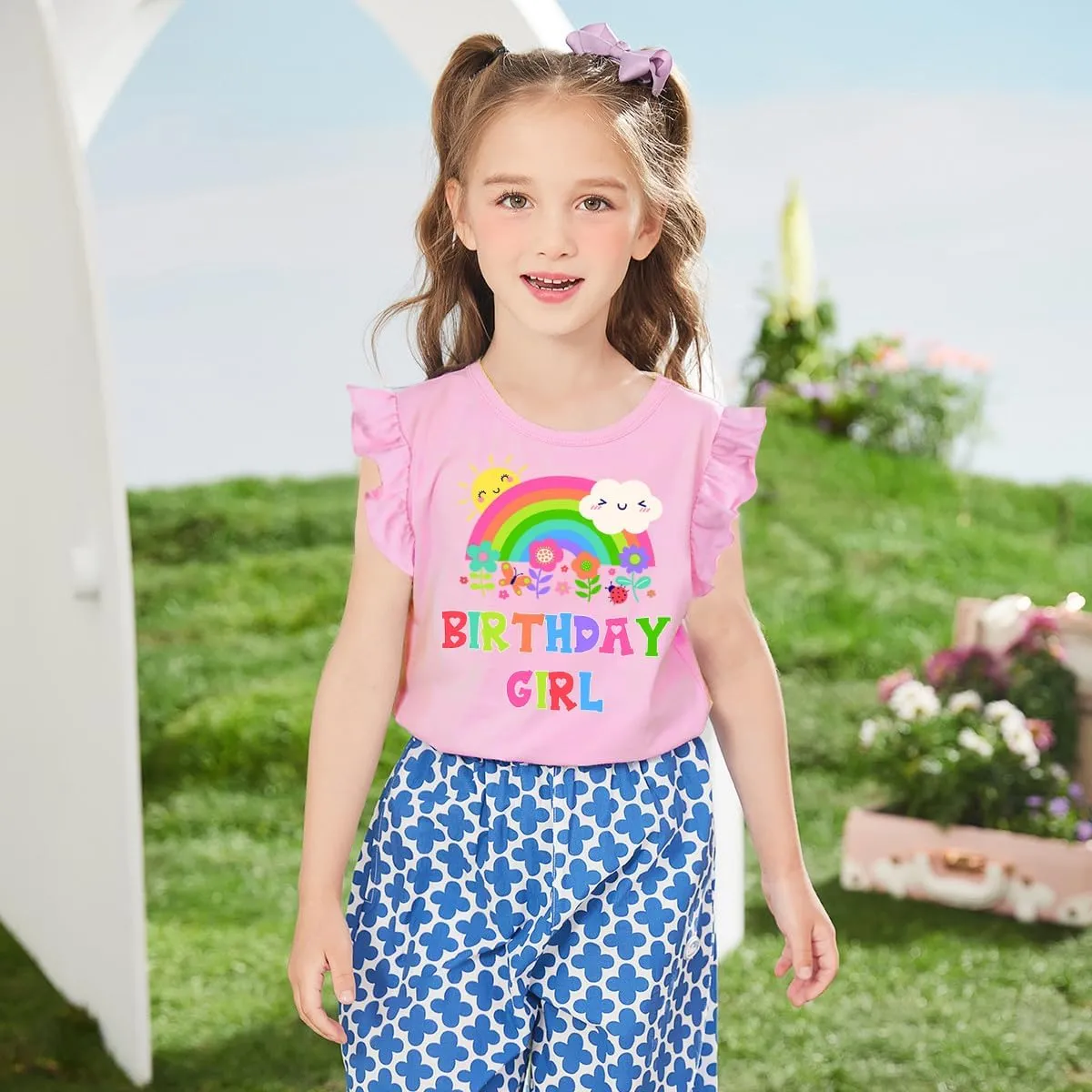 Toddler Girl Rainbow Flower Birthday Colorful Shirts Baby Girls Birthday Outfits T-Shirt 1-7 Years