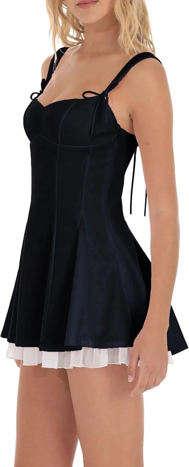 UAURORAO Women Y2k Lace Mini Dress Ruffle Strap Short Formal Grad Dress Lace Up Backless A Line College Dresses
