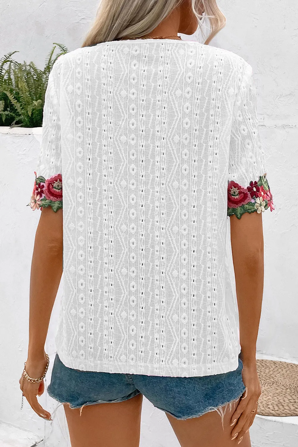 White V-Neck Floral Embroidered Trim Eyelet Blouse