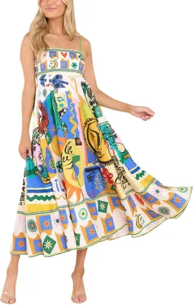 Women Cute Print Maxi Cami Dress Loose Sleeveless Spaghetti Strap Boho Dress Flowy Graffiti Long Aline Sun Dress