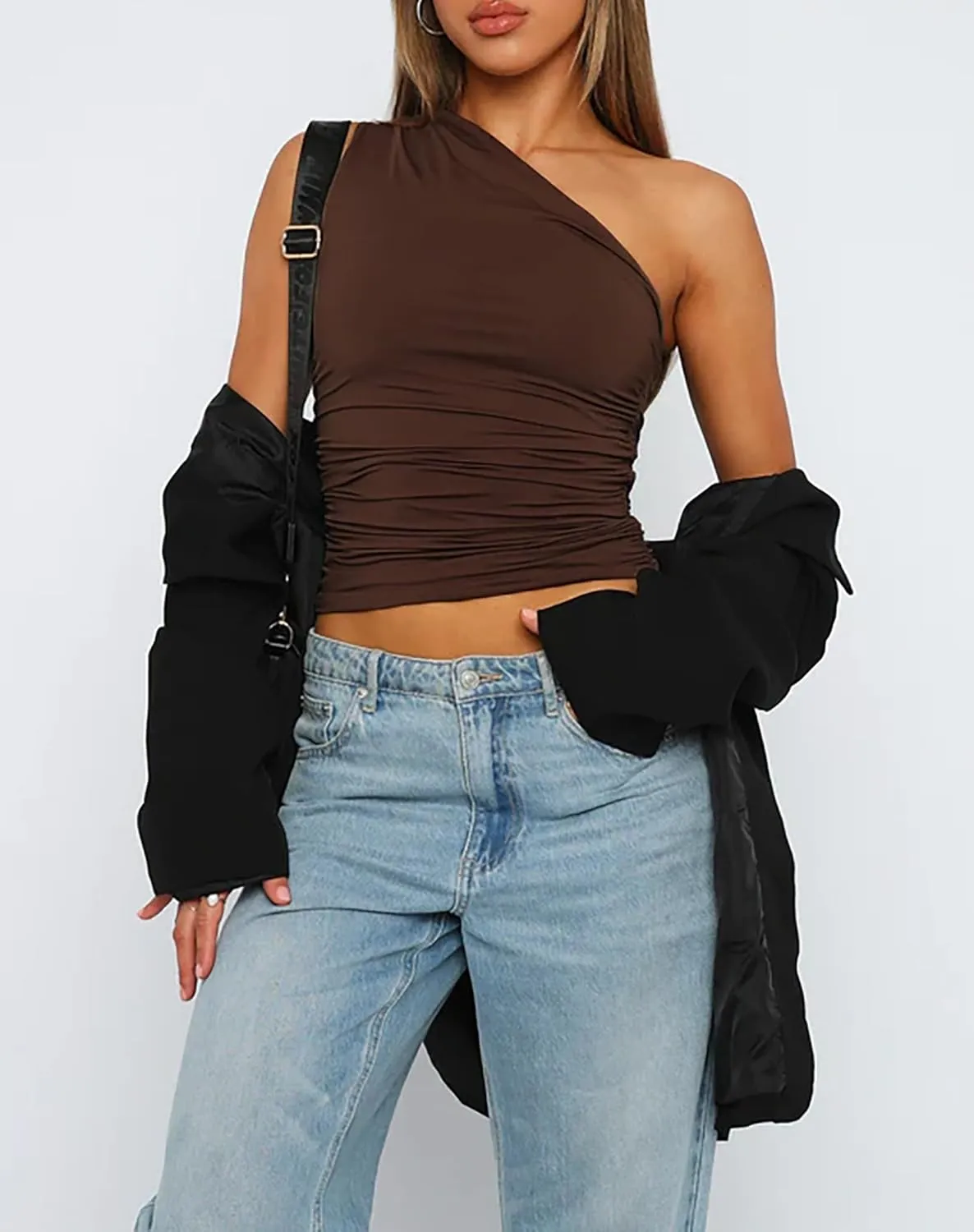 Women One Shoulder Ruched Crop Tank Tops Slim Fit Sleeveless Asymmetrical Y2k Going Out Trendy Top Workout Teen