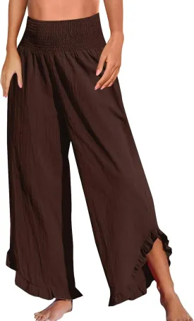 Women Palazzo Pants Smock Elastic Waist Wide Leg Ruffle Hem Pant Solid Flowy Beach Trousers with Pocket