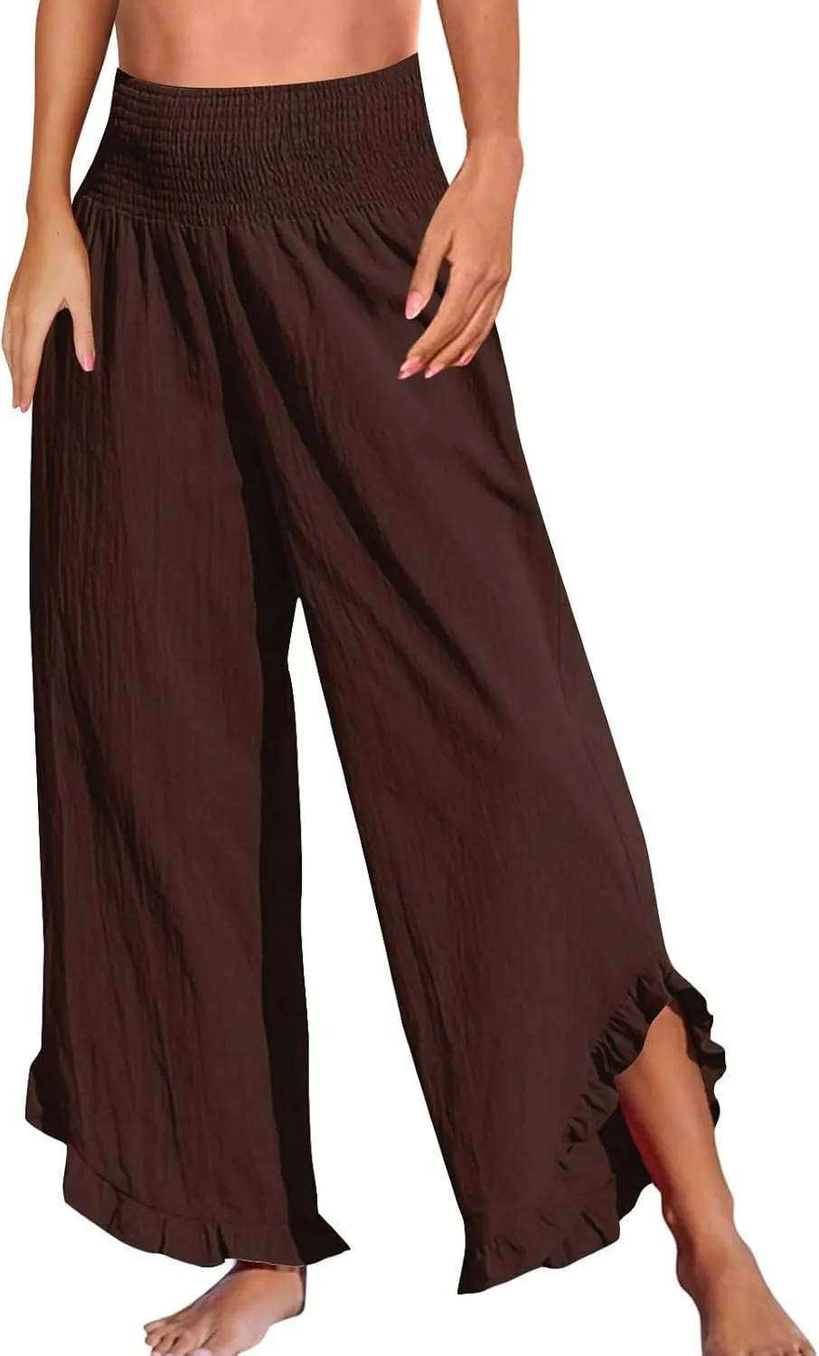 Women Palazzo Pants Smock Elastic Waist Wide Leg Ruffle Hem Pant Solid Flowy Beach Trousers with Pocket