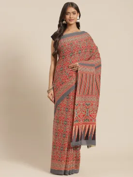 Women Red And Grey Ajrak Print Cotton Saree With Blouse
