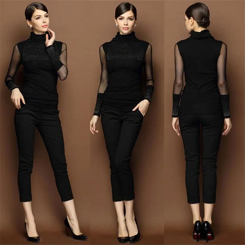 Women Slim Lace Long Sleeve Casual Beaded Openwork Blouse