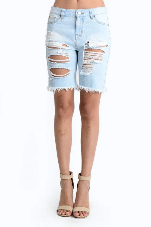Women's Destroyed Denim Bermuda Shorts