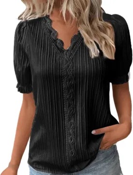 Women's Elegant Lace V Neck Tops Summer Petal Short Sleeve Dress Shirts Plus Size Business Casual Blouses