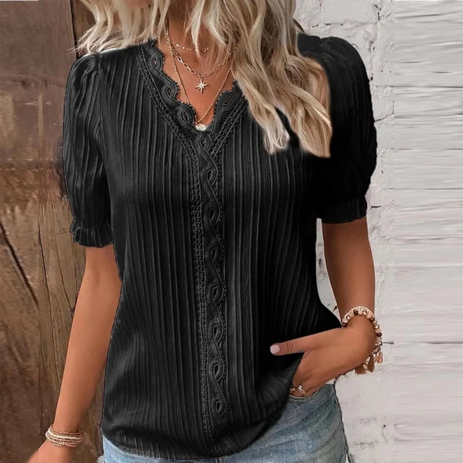 Women's Elegant Lace V Neck Tops Summer Petal Short Sleeve Dress Shirts Plus Size Business Casual Blouses