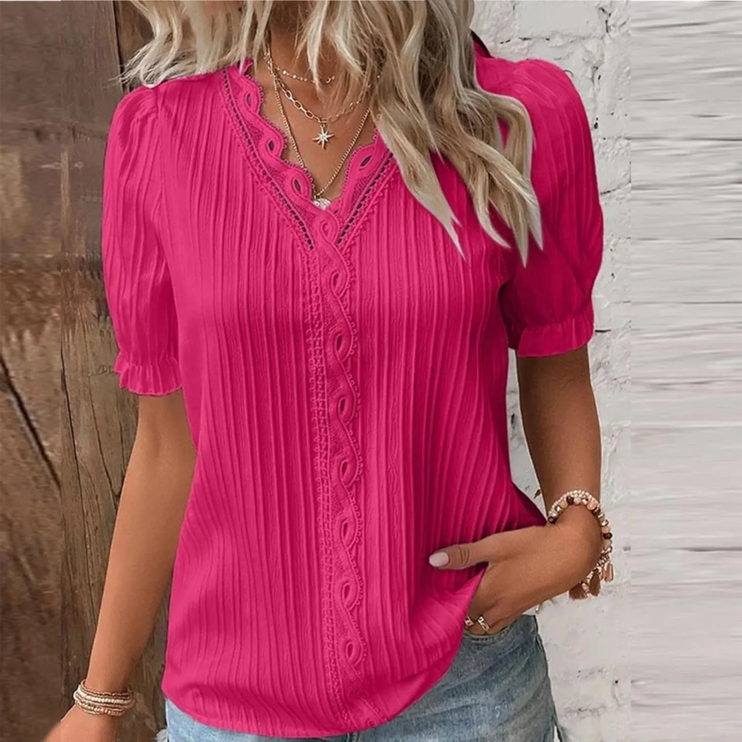 Women's Elegant Lace V Neck Tops Summer Petal Short Sleeve Dress Shirts Plus Size Business Casual Blouses
